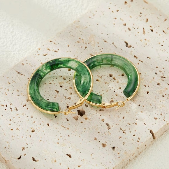 Marble Accented 18k Gold-Plated Stainless Steel Hoop Earrings - Picture 6 of 7